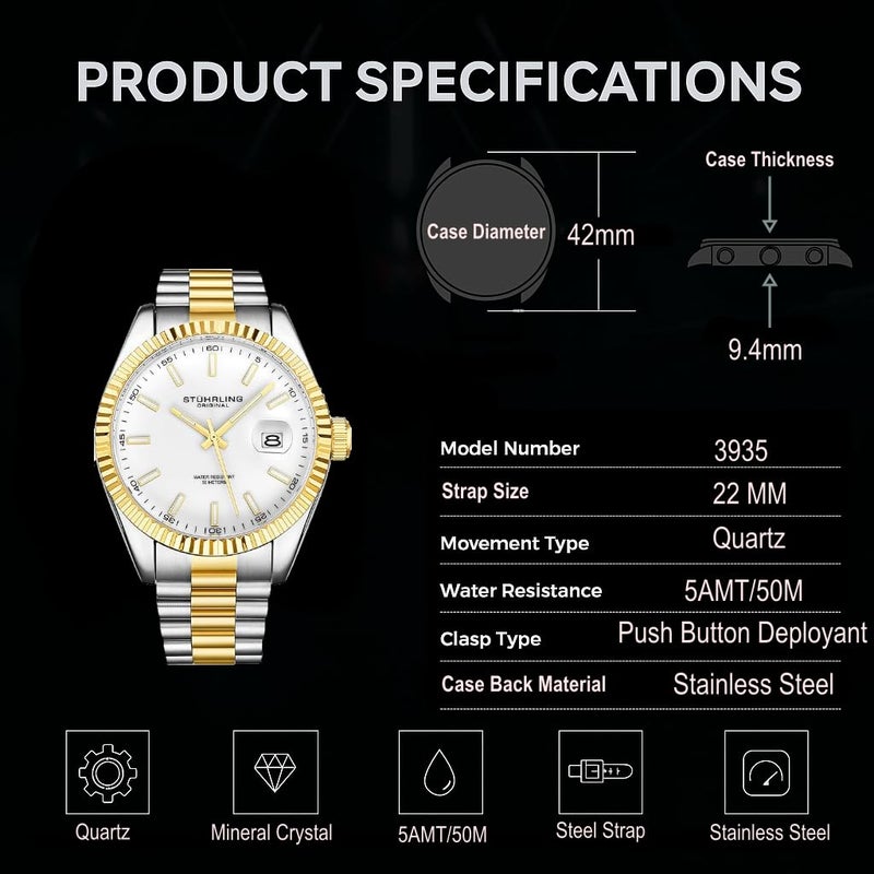 Stuhrling Original Men's Symphony Regent Coronet Stainless Steel Bracelet Watch (Black) - Image 2